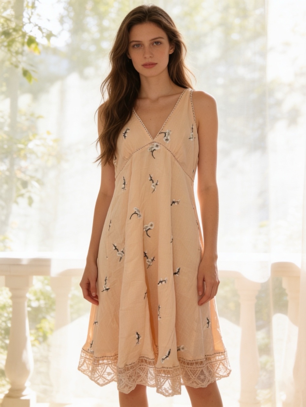 NWT BB Dakota Peach Embroidered Floral Lace Trim Fit & Flare Dress Size 6 Small